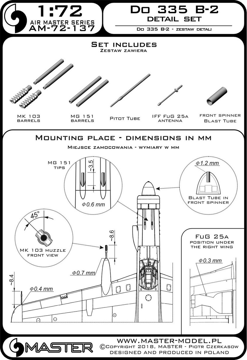 AM-72-137 Дополнение для моделей Do 335 B-2 - detail set - MG 151, MK-103 tips, FuG 25a antenna, Pitot Tube
