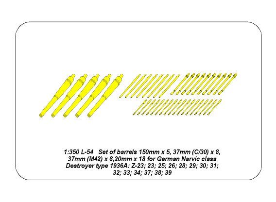 ABR-1:350-L-54  Дополнения для  Set of Barrels for Narvic classe destroyers type 1936A: 150mm x 5; 37mm x 8; 37mm(M42) x 10; 20mm x 18 для  1/350