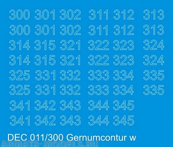 DEC011/300 Контурные номера на немецкую технику масштаб 1/100 с 100 по 400. Цвет – белый контур